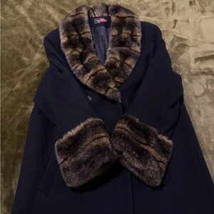 Macy's Black Coat with Brown Faux Fur Trim